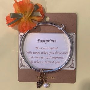 “FOOTPRINTS” Silvertone with Goldtone Twisted Bangle Bracelet with Charms